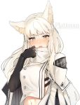  1girl animal_ear_fluff animal_ears arknights asakawa_(outeq) black_gloves blush cloak gloves horse_ears horse_girl long_hair looking_at_viewer navel open_mouth platinum_(arknights) solo white_background white_cloak white_hair 