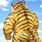  1:1 2018 anthro black_body black_fur butt felid fur kemono male mammal multicolored_body multicolored_fur muscular muscular_male nude outside pantherine raichoclub rear_view slightly_chubby solo tiger two_tone_body two_tone_fur yellow_body yellow_fur 