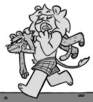  absurd_res anthro carrying cheetah clothing couple_(disambiguation) duo felid feline fingers grumpy hi_res holding_partner lion male male/male mammal miikesobi monochrome open_mouth pantherine paws simple_background teeth tongue walking yawn 