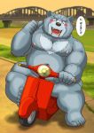  2018 anthro belly blue_body blue_fur blush convenient_censorship fur hi_res japanese_text kemono male mammal moobs navel nipples outside overweight overweight_male raichoclub sitting solo text ursid 