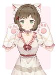  1girl animal_ear_fluff animal_ears bow breasts brown_hair cat_ears choker collarbone eyebrows_visible_through_hair fake_animal_ears fang fang_out frills gloves green_eyes hair_bow hands_up highres idolmaster idolmaster_cinderella_girls looking_at_viewer maekawa_miku medium_breasts paw_gloves paws shirt shone short_hair simple_background skirt smile solo white_shirt white_skirt 