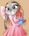  2017 brown_background canid canine clothed clothing daughter disney dress ears_down fan_character fox fully_clothed fur grey_body grey_fur grin head_tuft isabelle_wilde judy_hopps lagomorph leporid mammal mother mother_and_child mother_and_daughter motion_blur motion_lines orange_body orange_fur parent parent_and_child pivoted_ears rabbit red_fox simple_background smile tailwag trashasaurusrex tuft zootopia 