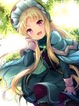  1girl :d bangs blonde_hair blue_cape blue_capelet blue_dress blurry blurry_background blush bonnet brooch cape capelet chin_strap cowboy_shot dress dress_tug from_below fur-trimmed_capelet fur_trim gloves hair_tucking highres jewelry kaitou_tenshi_twin_angel kouzu_shou long_hair long_sleeves looking_at_viewer open_mouth pantyhose parted_bangs pink_eyes plant salome_(twin_angel_3) smile solo twin_angel very_long_hair white_gloves 