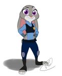  2017 absurd_res anthro clothed clothing disney female fully_clothed fur grey_body grey_fur hands_on_hips hi_res judy_hopps lagomorph leporid mammal pink_nose police_uniform purple_eyes rabbit simple_background smile solo toeless_legwear trashasaurusrex uniform white_background zootopia 