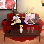  1:1 2018 anthro book bottomwear brown_body brown_fur clothed clothing controller duo flower fully_clothed fur furniture grin head_tuft hi_res inside lagomorph leporid light lighting looking_at_another mammal necktie pants plant rabbit remote_control sitting skirt smile sofa suit tan_body tan_fur trashasaurusrex tuft wine_glass 