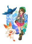  1girl bird brown_hair chewtle closed_mouth commentary_request flying gen_8_pokemon grass green_headwear highres outdoors pokemon pokemon_(game) pokemon_swsh punico_(punico_poke) road rookidee scorbunny shoelaces short_hair smile yuuri_(pokemon) 