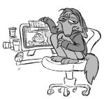  anthro canid canine canis chair clothed clothing drawing drawing_tablet furniture half-closed_eyes hi_res holding_object male mammal miikesobi monochrome narrowed_eyes paws pen simple_background sitting solo tired wolf 