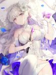 1girl bangs blue_flower blue_rose breasts crying crying_with_eyes_open dagger flower gloves hair_ornament highres holding holding_weapon lingerie looking_at_viewer lying on_back original panties petals pillow purple_eyes rose solo tears thighhighs underwear weapon white_hair white_legwear white_panties yukisame 