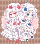  2girls alcremie alcremie_(berry_sweet) alcremie_(salted_cream) alcremie_(strawberry_sweet) argyle argyle_background blue_eyes brown_background commentary_request full_body gen_8_pokemon kirin_(kanata_walk) long_hair looking_at_viewer multiple_girls pokemon red_eyes standing white_theme 