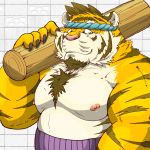  1:1 2019 anthro belly felid fur humanoid_hands kemono male mammal moobs nipples overweight overweight_male pantherine pink_nose raichoclub solo tiger white_body white_fur yellow_body yellow_fur 