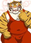  2019 anthro balls_outline belly blush bulge felid genital_outline humanoid_hands kemono male mammal moobs nipples overweight overweight_male pantherine pink_nose raichoclub solo tiger wrestling_singlet 