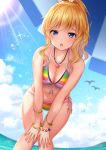  1girl bare_shoulders beach_umbrella bikini bird blonde_hair blue_eyes bracelet breasts cleavage collarbone day front-tie_bikini front-tie_top groin hair_ornament hands_on_own_knees highres idolmaster idolmaster_cinderella_girls jewelry karu_(qqqtyann) large_breasts long_hair looking_at_viewer nail_polish navel necklace ootsuki_yui open_mouth outdoors ponytail side-tie_bikini solo standing stomach striped striped_bikini sunlight swimsuit thighs umbrella wavy_hair 