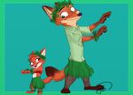  2016 anthro blue_background border brown_body brown_fur canid canine daughter dipstick_tail disney duo fan_character father father_and_child father_and_daughter fox fur grass_skirt green_border hula isabelle_wilde mammal multicolored_tail nick_wilde open_mouth open_smile orange_body orange_fur parent parent_and_child red_fox simple_background smile standing trashasaurusrex zootopia 