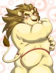  2018 anthro asian_clothing belly black_nose blush butt clothing east_asian_clothing felid fundoshi hi_res humanoid_hands japanese_clothing kemono lion male mammal overweight overweight_male pantherine raichoclub solo underwear 