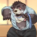  1:1 2018 anthro belly blush bodily_fluids bottomwear bulge clothed clothing humanoid_hands kemono male mammal moobs navel necktie nipples open_shirt overweight overweight_male pants raichoclub shirt solo sweat topwear ursid 