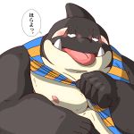  1:1 2018 anthro belly black_body cetacean clothing delphinoid humanoid_hands japanese_text kemono male mammal marine moobs nipples oceanic_dolphin orca overweight overweight_male raichoclub shirt simple_background solo text tongue tongue_out toothed_whale topwear white_background white_body 