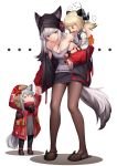  3girls absurdres adult_baby am1m animal_ears arknights beanie behind-the-head_headphones black_legwear coat ears_through_headwear frostleaf_(arknights) fur-trimmed_hood fur_trim grey_shirt hat headphones highres hood hooded_coat hooded_jacket ifrit_(arknights) jacket mask_around_neck multiple_girls owl_ears pencil_skirt projekt_red_(arknights) red_coat red_eyes red_jacket red_sleeves shirt silver_hair skirt tail wolf_ears wolf_girl wolf_tail younger 