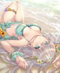  1girl anastasia_(fate/grand_order) aqua_bikini aqua_eyes bangs bare_shoulders bead_bracelet beads bikini blush bracelet breasts cleavage collarbone fate/grand_order fate_(series) flower hair_flower hair_ornament hair_over_one_eye hairband highres jewelry knees_up large_breasts long_hair looking_at_viewer lying on_back parted_lips revision scrunchie silver_hair solo swimsuit thighlet thighs torino_akua wrist_scrunchie 