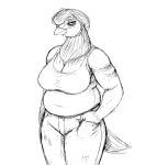  anthro avian beak big_breasts biped bird bottomwear breasts cleavage clothed clothing columbid female fully_clothed half-closed_eyes hand_in_pocket hi_res hladilnik looking_at_viewer monochrome narrowed_eyes overweight pants pidge_sis pigeon pockets portrait shirt simple_background solo standing tank_top three-quarter_portrait topwear white_background 