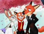  2018 absurd_res ailurid anthro canid canine clothed clothing disney dress eyes_closed fangs flower flower_crown fox fully_clothed grin group hi_res judy_hopps lagomorph leporid mammal necktie nick_wilde open_mouth open_smile outside petals plant rabbit red_fox red_panda smile suit trashasaurusrex tree wedding wedding_dress whiskers zootopia 
