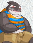  2017 anthro belly black_body blush bodily_fluids bottomwear bulge cetacean clothing delphinoid hi_res kemono male mammal marine oceanic_dolphin orca overweight overweight_male raichoclub shirt shorts solo sweat toothed_whale topwear white_body 