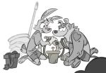  anthro biped blush clothed clothing duo fur hi_res hyaenid kneeling lagomorph leporid looking_at_another looking_at_partner male male/male mammal miikesobi plant potted_plant rabbit simple_background smile teeth 