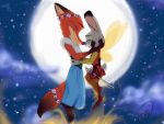  2016 anthro barefoot canid canine clothed clothing dipstick_ears disney dress duo eyes_closed floating fox fully_clothed fur grey_body grey_fur judy_hopps lagomorph leporid mammal moon multicolored_ears nick_wilde open_mouth open_smile orange_body orange_fur rabbit red_fox sky smile star starry_sky trashasaurusrex zootopia 