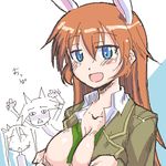  :d animal_ears arms_up blue_eyes blush breasts bunny_ears charlotte_e_yeager cleavage extra_ears francesca_lucchini large_breasts long_hair lowres miyafuji_yoshika multiple_girls non-web_source oekaki open_clothes open_mouth open_shirt orange_hair shirt smile strike_witches upper_body white_background world_witches_series 