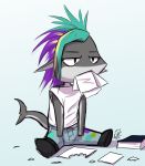  2014 anthro chibi clothed clothing digital_media_(artwork) evelyn_(adorablydevious) female fish grey_body hair hi_res ldr marine multicolored_hair paper shark shirt simple_background solo 