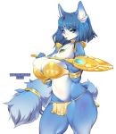  2019 anthro armor big_breasts blue_eyes blue_hair breasts canid canine cherrikissu clothing digital_media_(artwork) female fox hair inner_ear_fluff jewelry krystal loincloth mammal necklace nintendo signature simple_background solo staff star_fox tailband unconvincing_armor video_games white_background 