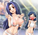  ahoge blue_hair blush bra breast_slip breasts collarbone face flat_chest idolmaster idolmaster_(classic) idolmaster_live_for_you! kisaragi_chihaya large_breasts lingerie long_hair midriff miura_azusa multiple_girls navel nipple_slip nipples o_o red_eyes sports_bra surprised sweatdrop underwear wardrobe_malfunction zanzi 