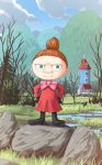  1girl aposine boots bow brown_hair cloud day grass green_eyes hands_on_hips highres hill little_my moomin outdoors rock scenery short_hair sky smile standing topknot tree 