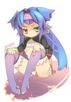  blue_hair boots flat_chest green_eyes headband klan_klein long_hair macross macross_frontier nipples panties pointy_ears prnt puffy_nipples purple_footwear solo thighhighs underwear 