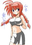  artist_request bare_shoulders braid breasts large_breasts looking_at_viewer lyrical_nanoha mahou_shoujo_lyrical_nanoha_strikers midriff navel purple_eyes red_hair self_fondle simple_background skin_tight solo standing stomach sweatband tank_top text_focus translated twin_braids vita white_background 