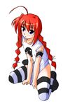  ahoge arm_garter arm_support between_legs blue_eyes braid hand_between_legs kneeling long_hair lyrical_nanoha mahou_shoujo_lyrical_nanoha mahou_shoujo_lyrical_nanoha_a's no_pants red_hair sakura_yuu shirt shirt_tug simple_background solo striped striped_legwear t-shirt thighhighs twin_braids vita white_background 