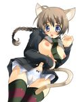  animal_ears braid breasts brown_hair cameltoe cowboy_shot kurosawa_kiyotaka large_breasts long_hair lynette_bishop multicolored multicolored_clothes multicolored_legwear nipples panties purple_eyes shirt_lift single_braid solo strike_witches striped striped_legwear tail tears thighhighs underwear world_witches_series 