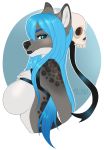  anthro breasts canid canine ei-ka featureless_breasts female hair looking_at_viewer makeup mammal ribbons simple_background skull solo 
