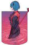  1girl absurdres ayanami_rei black_bodysuit blue_hair bodysuit breasts evangelion:_3.0_you_can_(not)_redo highres holding_lance interface_headset kko_(um7mr) lance_of_longinus medium_breasts multicolored multicolored_bodysuit multicolored_clothes neon_genesis_evangelion partially_submerged plugsuit rebuild_of_evangelion red_bodysuit red_eyes short_hair solo test_plugsuit wading 