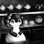  closed_mouth commentary_request creature gen_8_pokemon greyscale indeedee indeedee_(female) indoors looking_at_viewer monochrome nanami_marron no_humans plate pokemon pokemon_(creature) smile solo standing teapot 
