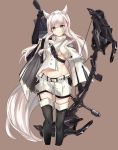  &gt;:( 1girl animal_ears arknights arm_up arrow bangs black_gloves black_legwear blush boots bow_(weapon) brown_background brown_eyes cropped_legs eyebrows_visible_through_hair gloves groin high_collar highres holding holding_bow_(weapon) holding_weapon jsscj large_tail long_hair long_sleeves looking_at_viewer midriff multicolored_hair platinum_(arknights) quiver red_hair shirt short_shorts shorts silver_hair simple_background solo standing streaked_hair tail thigh_boots thighhighs thighs v-shaped_eyebrows weapon white_shirt white_shorts wide_sleeves 