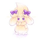  alcremie alcremie_(caramel_swirl) alcremie_(ribbon_sweet) cesar commentary_request creature english_text full_body gen_8_pokemon highres looking_at_viewer no_humans pokemon pokemon_(creature) purple_eyes simple_background solo standing white_background 
