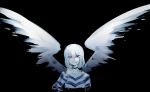  accelerator angel_wings black_background black_choker buttoniris choker commentary english_commentary hand_up highres long_sleeves looking_at_viewer red_eyes sanpaku shirt simple_background smile striped striped_shirt to_aru_majutsu_no_index white_wings wings 