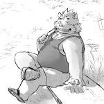  1:1 2020 anthro as40728 belly bottomwear clothing food gouryou humanoid_hands kemono male mammal monochrome outside overweight overweight_male popsicle shirt shorts sitting solo stardog suid suina sus_(pig) tokyo_afterschool_summoners topwear video_games wild_boar 