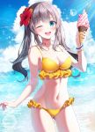  1girl ;d absurdres bare_arms bare_shoulders bikini blue_eyes breasts cleavage cloud cowboy_shot day eumi_114 flower food frilled_bikini frills grey_hair groin hair_flower hair_ornament hand_up hibiscus highres holding huge_filesize ice_cream long_hair looking_at_viewer medium_breasts navel ocean one_eye_closed open_mouth original outdoors smile solo stomach sunlight swimsuit thighs yellow_bikini 