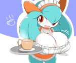  2020 beverage big_breasts breasts cleavage clothed clothing cup female holding_object huge_breasts humanoid kirlia looking_at_viewer maid_uniform nintendo not_furry open_mouth open_smile pok&eacute;mon pok&eacute;mon_(species) red_eyes shiny_pok&eacute;mon smile solo sugaru uniform video_games 