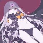  1girl abigail_williams_(fate/grand_order) bangs black_bow black_gloves black_panties bow commentary_request fate_(series) forehead gamuo gloves hat keyhole long_hair looking_at_viewer multiple_bows orange_bow pale_skin panties panty_tug parted_bangs polka_dot polka_dot_bow red_eyes silver_hair solo underwear very_long_hair witch_hat 