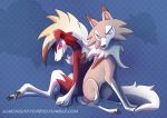  anthro axxirah black_nose blue_background blue_eyes brown_body canid canine cheek_tuft claws facial_tuft feral hair lycanroc mammal midday_lycanroc midnight_lycanroc nintendo pok&eacute;mon pok&eacute;mon_(species) red_body red_eyes sharp_teeth simple_background sitting smile teeth toe_claws tuft video_games white_body white_hair 