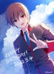  1boy :d bangs black_jacket blue_neckwear blue_sky brown_hair cloud cloudy_sky collared_jacket collared_shirt commentary_request dated day eyebrows_visible_through_hair hair_between_eyes happy_birthday jacket little_busters! long_sleeves looking_at_viewer male_focus mauve natsume_kyousuke necktie open_mouth outdoors red_eyes school_uniform shirt sky smile solo twitter_username upper_body w white_shirt 