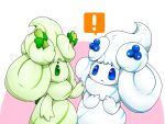  ! alcremie alcremie_(berry_sweet) alcremie_(clover_sweet) alcremie_(matcha_cream) alcremie_(mint_cream) blue_eyes blush commentary_request eye_contact gen_8_pokemon green_eyes looking_at_another pink_background pokemon sazeka_(pixiv354189) spoken_exclamation_mark standing upper_body 