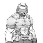  1boy abs armor belt_pouch breastplate doom_(game) doomguy gloves greyscale highres kelvin_hiu male_focus manly monochrome muscle navel opaque_helmet pouch short_sleeves shotgun_shells solo space_marine standing stomach_cutout veins 